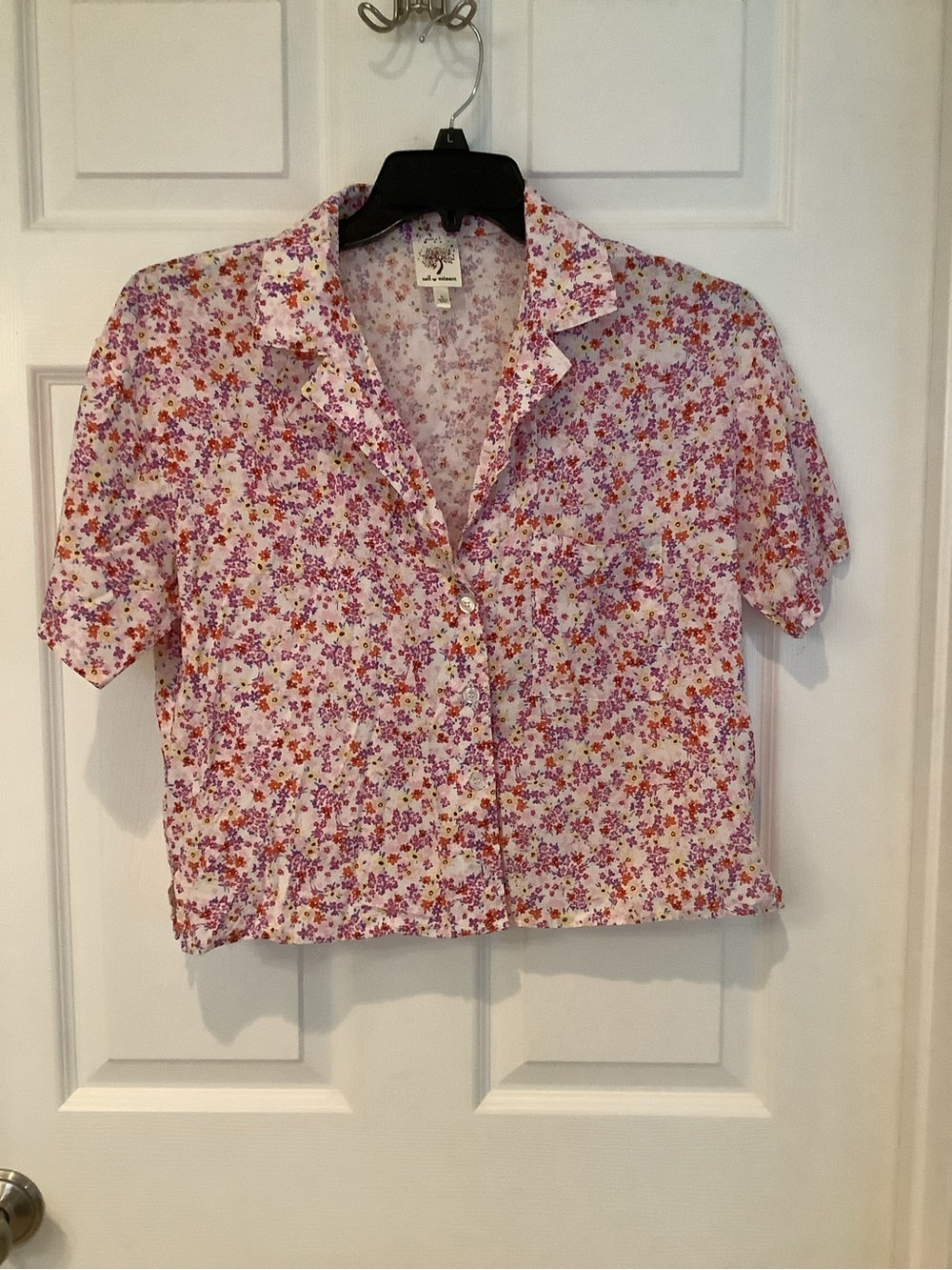 Self Esteem Pink Floral Short Sleeve Button-Up Crop Shirt